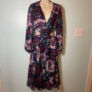Lulus Women's Size Large Garden Gem Blue Floral Jacquard Cutout Midi Dress